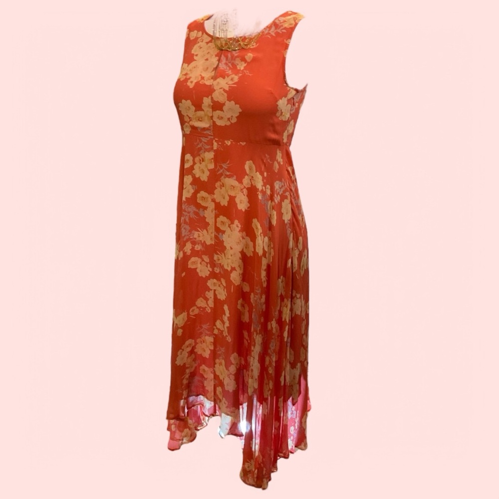Sundance dress orange coral‎ floral midi maxi Sundress wedding MOB fits 10/12 L